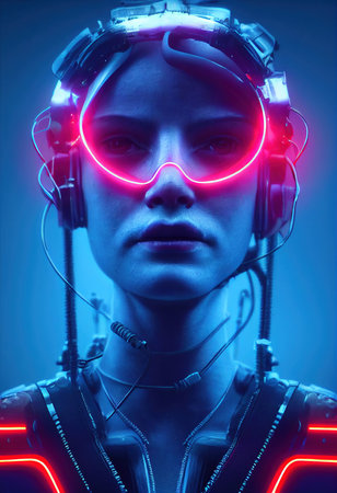 Fictional portrait of a sci-fi cyberpunk girl. High-tech futuristic woman from the future. The concept of virtual reality and cyberpunk. 3D render.の素材