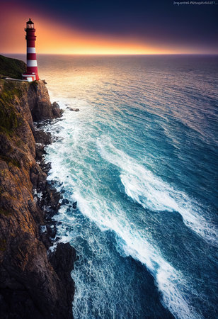 A lighthouse on the rocky shore of the blue ocean. The raging ocean and the lighthouse in the middle of the rocks. 3D rendering.の素材