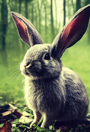 Cute rabbit on green grass. A domestic ornamental rabbit in the wild. 3D rendering.の素材