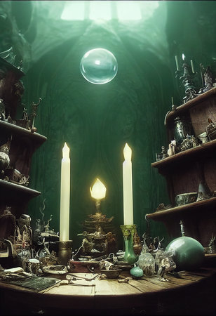 Abstract image of the workplace of an ancient alchemist with beakers and candles. 3D renderの素材