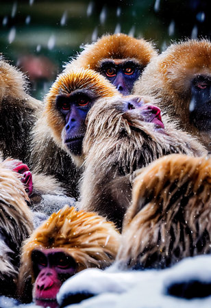 Wild snow monkeys in winter against a background of falling snow. 3D render.の素材