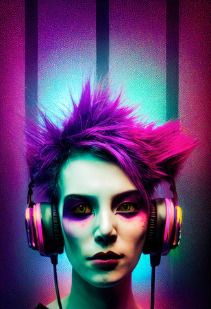 Fictional portrait of a fictional punk pretty girl with headphones and colored hair. Hipster girl with punk hair. 3D renderの素材