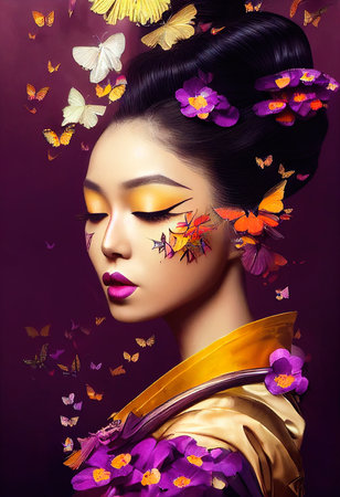 Abstract colorful portrait of a beautiful geisha with butterflies. Fashionable cute woman. Creative beautiful girl. 3d renderingの素材