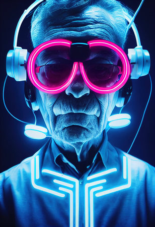 Fictional portrait of a grandfather in a futuristic cyberpunk style with a cyber headset. A high-tech man from the future. The concept of virtual reality and cyberpunk. 3D renderの素材