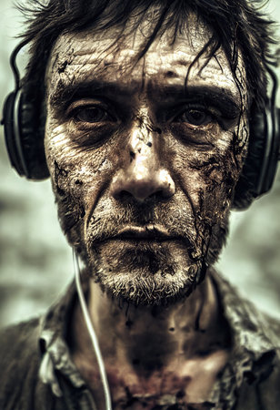 Survivor of an apocalyptic dystopian atmosphere. Survivor of nuclear war. The concept of post-apocalypse. 3d renderingの素材