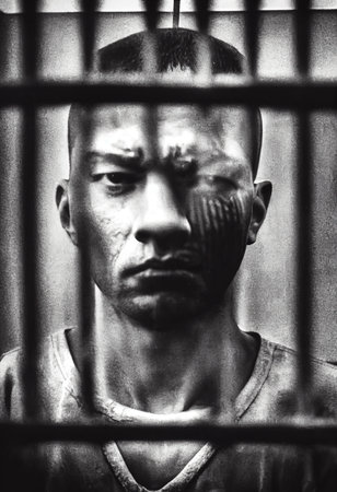 A man sits behind bars in prison. The criminal is locked in prison. A man is locked in a steel cage in a prison cell. 3D renderの素材