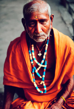 An old Buddhist monk dressed as a monk. Meditating Buddhist monk. Portrait of an ancient wise elder. 3D renderの素材