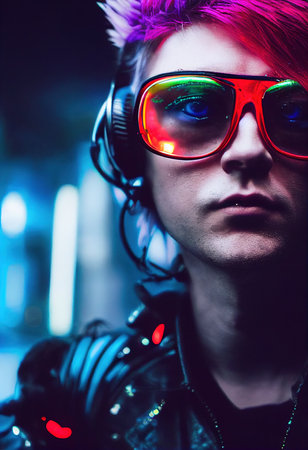 Fictional portrait of a fictional punk man with headphones and colored hair. Hipster man with punk hair. 3D renderの素材