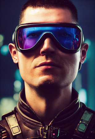 Portrait of a male superhero wearing neon virtual goggles and superhero gear. A high-tech futuristic man from the future. The concept of virtual reality and cyberpunk. 3D rendering.の素材