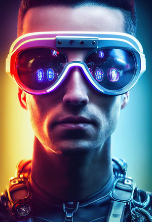 Portrait of a man wearing a cyberpunk headset, neon virtual glasses, and cyberpunk gear. A high-tech futuristic man from the future. The concept of virtual reality and cyberpunk. 3D rendering.の素材