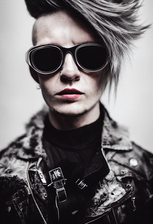 Fictional portrait of a fictional punk man. Hipster man with punk hair. 3D renderの素材