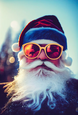 A fancy old bearded Santa Claus in winter against a winter forest with fancy sunglasses. A winter holiday concept. 3d renderingの素材
