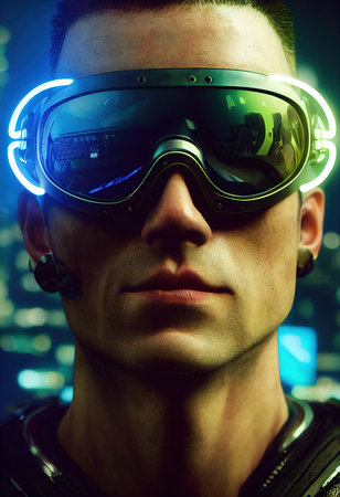 Portrait of a male superhero wearing neon virtual goggles and superhero gear. A high-tech futuristic man from the future. The concept of virtual reality and cyberpunk. 3D rendering.の素材