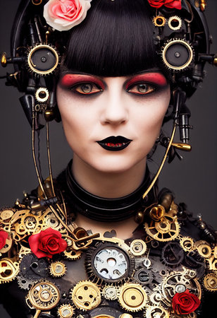 Portrait of a Victorian steampunk robot with beautiful makeup. Artistic abstract steampunk fantasy. The concept of a vintage robot. 3d renderingの素材
