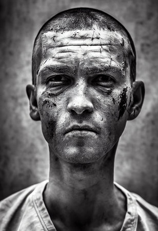 Survivor of an apocalyptic dystopian atmosphere. Survivor of nuclear war. The concept of post-apocalypse. 3d renderingの素材