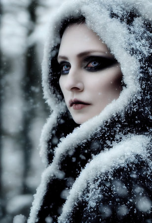 Winter portrait of a young beautiful fictional girl on the background of a winter forest. The concept of snowy winter vacations. 3D rendering.の素材