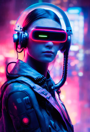 Fictional portrait of a sci-fi cyberpunk girl. High-tech futuristic woman from the future. The concept of virtual reality and cyberpunk. 3D render.の素材