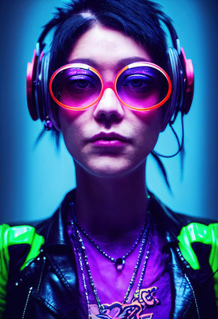 Fictional portrait of a fictional punk pretty girl with headphones and colored hair. Hipster girl with punk hair. 3D renderの素材