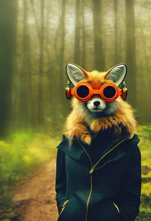 Portrait of a fox wearing a cyberpunk headset, neon virtual glasses, and cyberpunk gear. High-tech fox. The concept of virtual reality and cyberpunk. 3D rendering.の素材