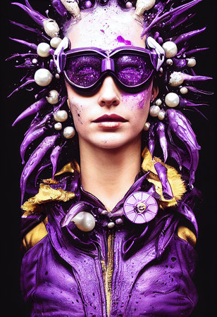 Abstract portrait of a fantasy cyberpunk girl. High-tech futuristic woman from the future. Concept of virtual reality and cyberpunk. 3D rendering.の素材