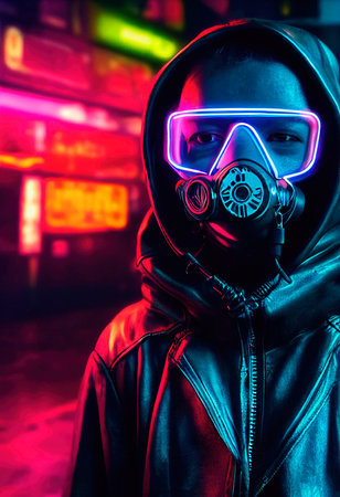 A stalker survivor in protective clothing and an gas mask. Survivor of nuclear war. 3d renderingの素材