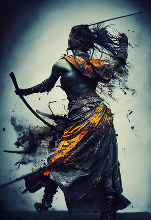 Abstract portrait of an ancient female warrior with swords. Concept of an ancient brave warrior. 3D rendering.の素材