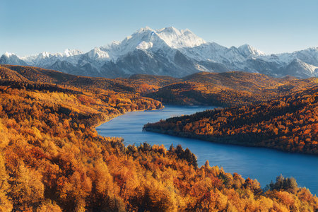 Beautiful ancient mountains on a sunny clear day. Mountains and hills in the sunlight and in the mist. 3D rendering.の素材