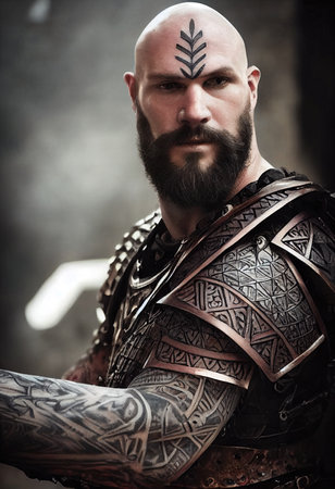 Portrait of an ancient warrior with a beard and in ancient clothing. Concept of an ancient brave warrior. 3D render.の素材