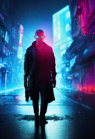 Portrait of a man wearing a cyberpunk headset, neon virtual glasses, and cyberpunk gear. A high-tech futuristic man from the future. The concept of virtual reality and cyberpunk. 3D rendering.の素材