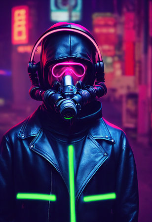 A stalker survivor in protective clothing and an neon gas mask. Survivor of nuclear war. 3d renderingの素材