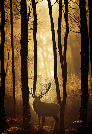 Wild deer in the evening sunlight in the autumn forest. Autumn forest and beautiful deer. 3D renderingの素材