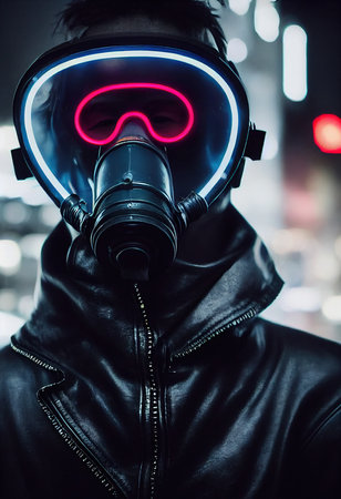 A stalker survivor in protective clothing and an neon gas mask. Survivor of nuclear war. 3d renderingの素材