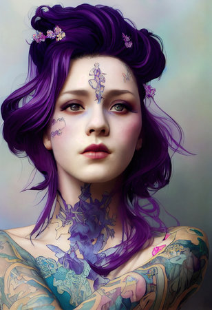Abstract portrait of a beautiful tattooed girl. Fashionable cute woman. Creative beautiful girl. 3d renderingの素材