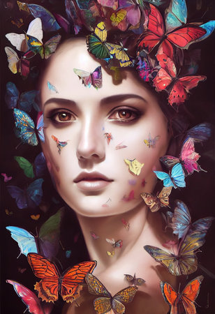 Abstract colorful portrait of a beautiful girl with butterflies. Fashionable cute woman. Creative beautiful girl. 3d renderingの素材