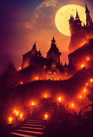 Mystical and spooky castle in the darkness and lightning flashes. An ancient historical castle. 3D rendering.の素材