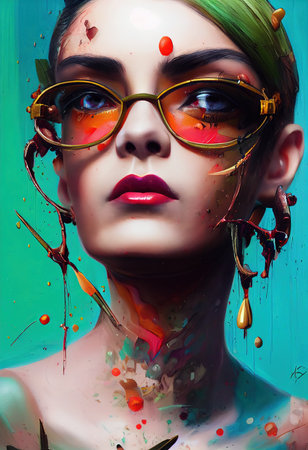 A fantasy fictional beauty, a fashionable woman with cosmetic makeup and fashionable glasses. Creative beautiful girl. 3D renderの素材