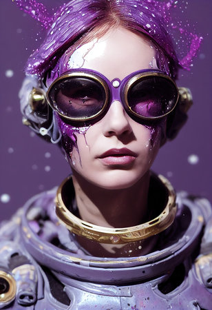 Abstract portrait of a fantasy cyberpunk man. High-tech futuristic man from the future. Concept of virtual reality and cyberpunk. 3D rendering.の素材