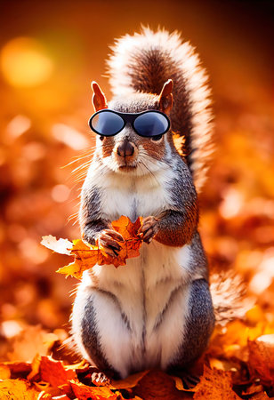 A squirrel in glasses in the autumn forest. A squirrel in nature in an autumn park. Cute squirrel gnawing on nuts. 3d-renderingの素材