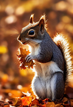 A squirrel in the autumn forest. A squirrel in nature in an autumn park. Cute squirrel gnawing on nuts. 3d renderingの素材