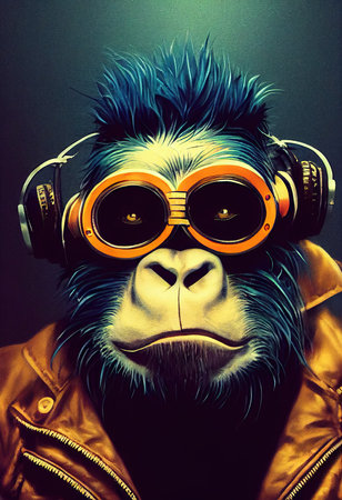 Portrait of a punk monkey. Monkey rock musician. Hipster monkey with a punk hairdo. 3D renderingの素材