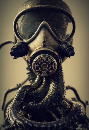 A stalker survivor in protective clothing and an old gas mask. Survivor of nuclear war. 3D renderの素材