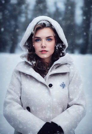 Winter portrait of a young beautiful fictional girl on the background of a winter forest. The concept of snowy winter vacations. 3D rendering.の素材