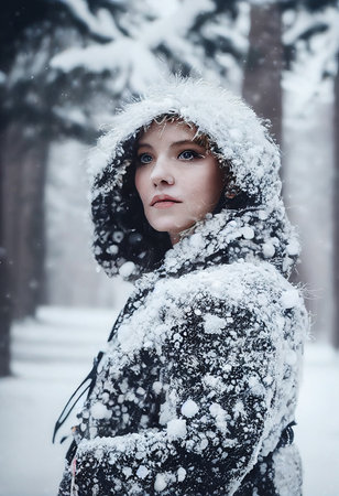 Winter portrait of a young beautiful fictional girl on the background of a winter forest. The concept of snowy winter vacations. 3D rendering.の素材