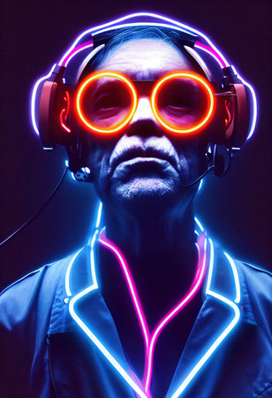 Fictional portrait of a grandfather in a futuristic cyberpunk style with a cyber headset. A high-tech man from the future. The concept of virtual reality and cyberpunk. 3D renderの素材