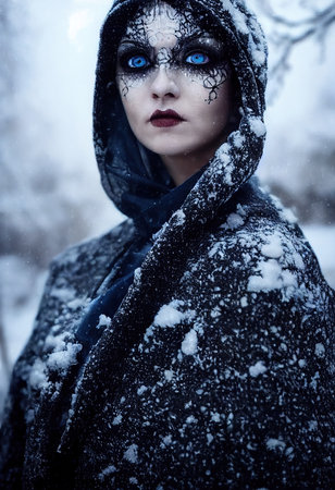 Winter portrait of a young beautiful fictional girl on the background of a winter forest. The concept of snowy winter vacations. 3D rendering.の素材