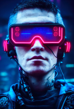 Portrait of a man wearing a cyberpunk headset, neon virtual glasses, and cyberpunk gear. A high-tech futuristic man from the future. The concept of virtual reality and cyberpunk. 3D rendering.の素材