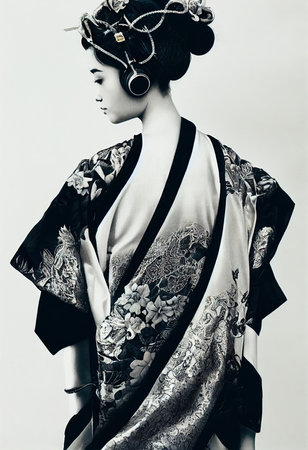 A young beautiful geisha in a kimono and headphones. Portrait of a beautiful geisha in a black and gold kimono. 3D rendering.の素材