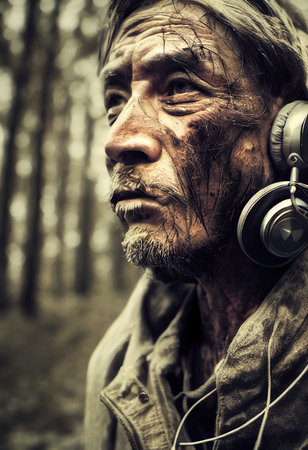 Survivor of an apocalyptic dystopian atmosphere. Survivor of nuclear war. The concept of post-apocalypse. 3d renderingの素材