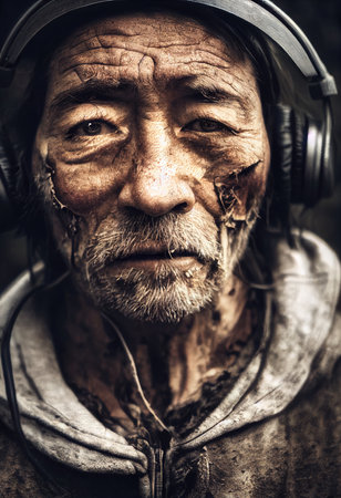 Survivor of an apocalyptic dystopian atmosphere. Survivor of nuclear war. The concept of post-apocalypse. 3d renderingの素材