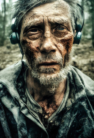 Survivor of an apocalyptic dystopian atmosphere. Survivor of nuclear war. The concept of post-apocalypse. 3d renderingの素材